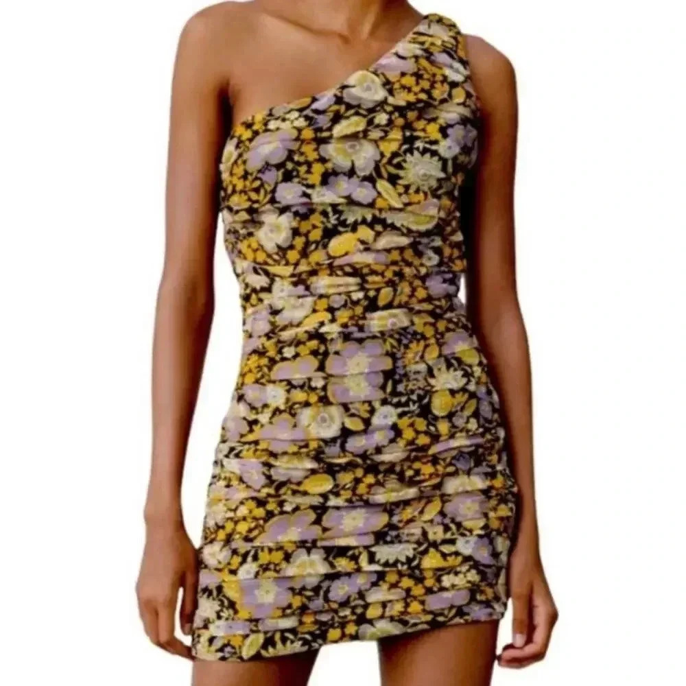 NWT Zara Floral One Shoulder Fitted Ruched Mini Dress Size Extra Small